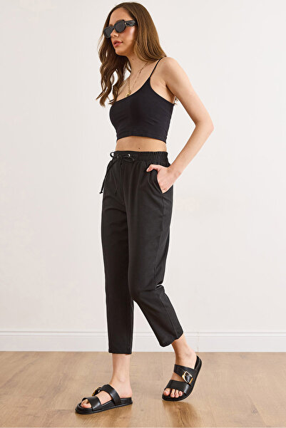 Olalook Γυναικείο μαύρο υφαντό παντελόνι με ελαστική μέση και τσέπες PNT-1900...