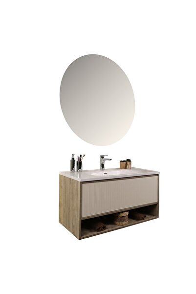 kobos Elegant 100 cm Banyo Dolabı Seti Light Walnut + Luna