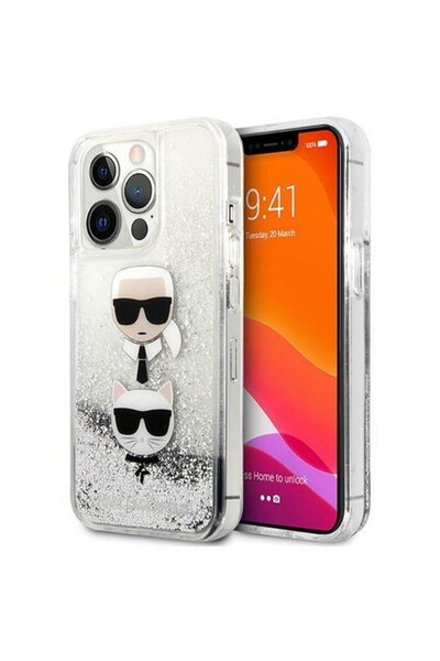 Karl Lagerfeld Husa Liquid Glitter Karl&Choupette iPhone 13 Pro Case Silver
