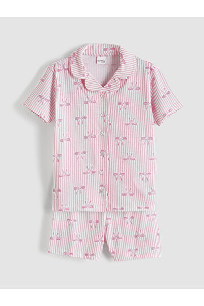 LC Waikiki Set de pijamale scurte pentru fete, cu guler cu fundă, cu model