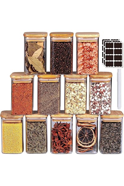MAHMIR Glass Jars Set 300ML, 12 pcs Set Glass Spice Jars with Bamboo Airtight...