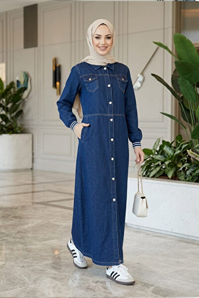Women's Buttoned Pocket Ribbed Detailed Denim Navy Blue Long Cape