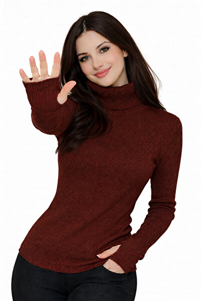 ModaYaren Brown Turtleneck Finger Detail Body Sweater