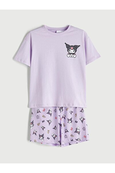 LC Waikiki Set de pijamale scurte pentru fete, cu guler rotund, Kuromi cu imp...