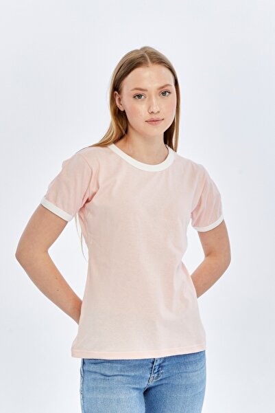 trender Tricou de damă cu decolteu O, Basic Candy Pink-Ecru