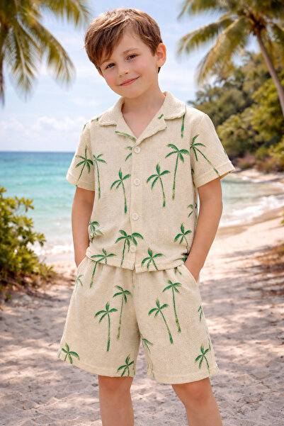 kr kids Boy's Palm Tree Patterned Shirt and Shorts Set – Summer 2-Piece Set