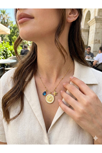 MuseumofYou Steel Necklace in Gold Color with Sun, Moon and Star Figures and ...