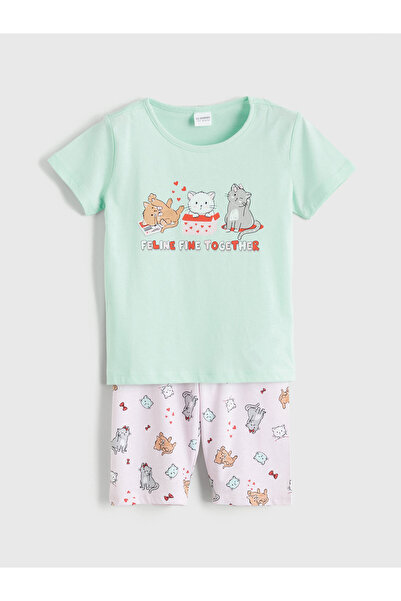 LC Waikiki Set de pijamale scurte pentru fete Cat cu imprimeu