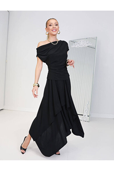 QİMYA BUTİK BUKETLİ Γυναικεία Αμάνικη Μπλούζα με Γιακά και Ασύμμετρη Φούστα α...