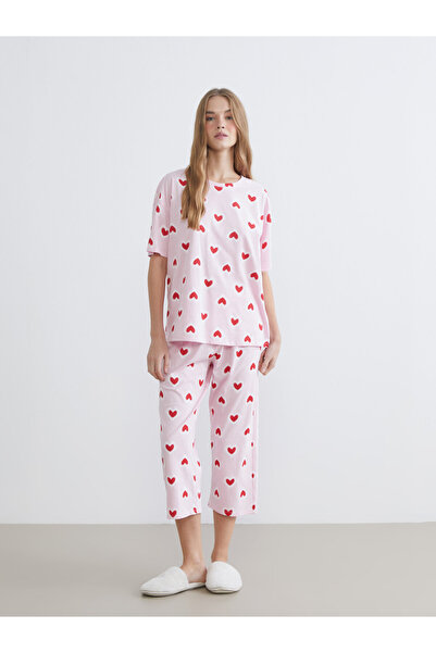 LC Waikiki Set de pijamale capri cu imprimeu inimioare pentru femei