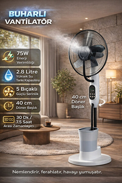 FaroxTech Buharlı Ayaklı Vantilatör 75W 2.8 L Su Hazneli 3 Kademeli Zaman Aya...