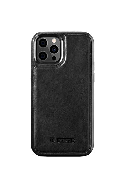 ICARER Husă din Piele Cerată Neagră pentru APPLE iPhone 12 Pro Max