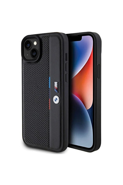 BMW Husă perforată cu linii tricolore pentru iPhone 15 Plus / 14 Plus - negru