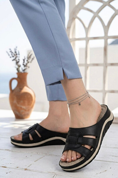 Nubbock Μαύρες γυναικείες ορθοπεδικές παντόφλες με μαλακή υφή και αυτοκόλλητα...