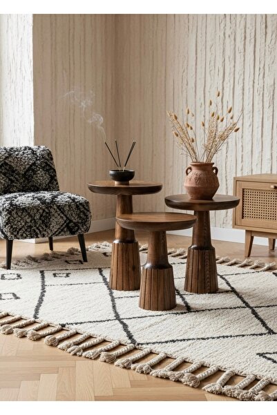 ASELYA HOME Ahşap 3’lü Set Mantar Yan Sehpa Modern Tasarım Fiskos Zigon