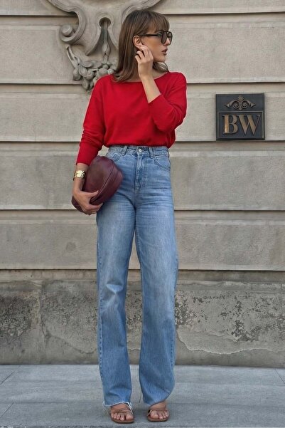 Madmext Κόκκινη Μοντέρνα Πλεκτή Μπλούζα με Λαιμόκοψη Kayak MG2804