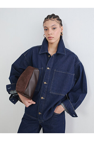 LC Waikiki Oversized Women's Denim Jacket with Shirt Collar
