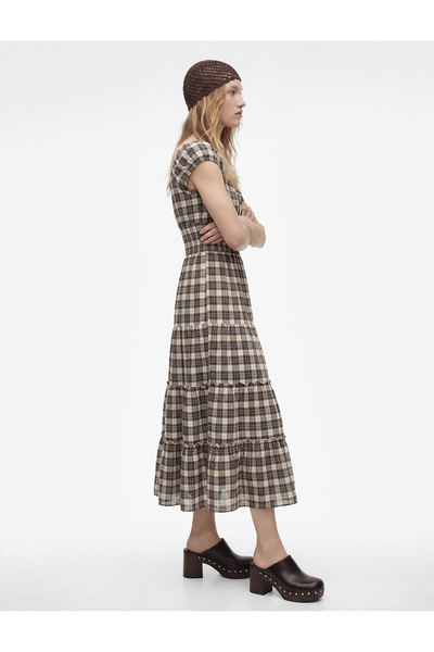 Koton Άνετο εφαρμοστό κοντομάνικο καρό φόρεμα με κορδόνια και διπλωμένο γιακά...