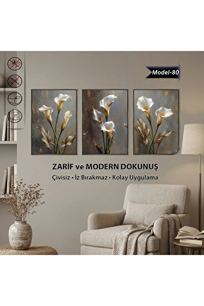 Tutunabilir Kağıt Statik Tutunma Özellikli 3’lü Beyaz Çiçek Tablo Seti – Mode...