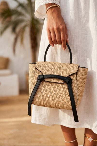 moimaaksesuar Wicker Look Women's Handbag & Shoulder Bag Black Detailed Styli...