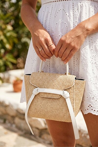 moimaaksesuar Wicker Look Women's Handbag & Shoulder Bag White Detailed Styli...