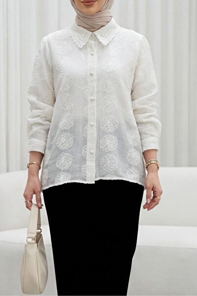 Modamorfo Πουκάμισο ζακάρ με κουμπιά στο πάνω μέρος και δαντελωτό γιακά - εκρού