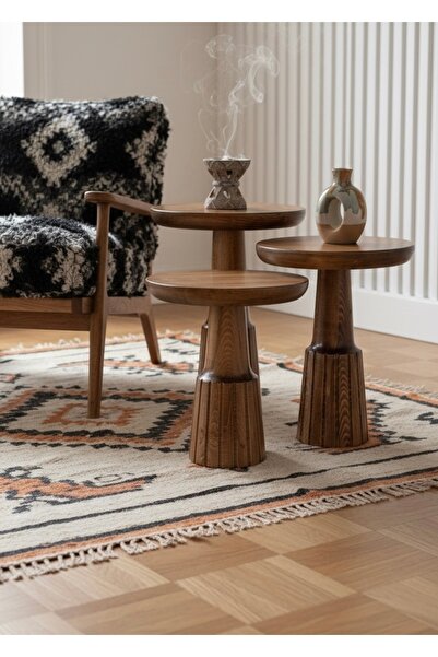 ASELYA HOME Doğal Ahşap 3’lü Set Tasarım Yan Sehpa Modern Dekoratif Çiçeklik