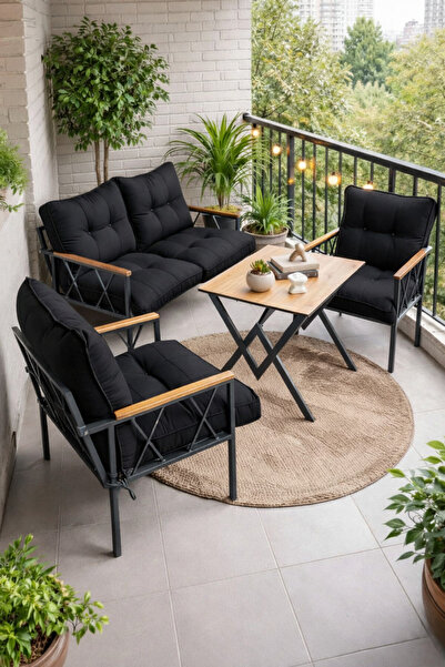 UFUK HOME Miray 211 Masalı Siyah Fermuarlı Bahçe Balkon Takımı, Salon, Teras-...