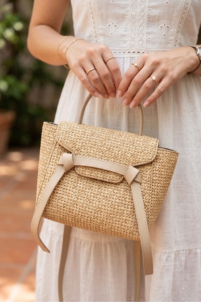 moimaaksesuar Wicker Look Women's Handbag & Shoulder Bag Beige Detailed Styli...