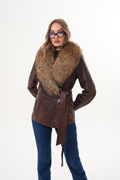 Metins Leather Kadın Kürklü Yaka Hakiki Deri Mont - Fit Kesim, Crop Detay, Ke...
