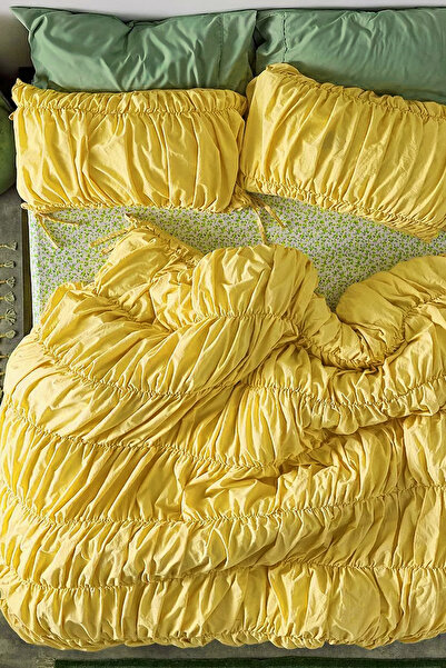 İQON Double Pleated Duvet Cover Set Yellow