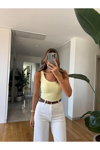 MERVE AKSOY Kalın Askılı Poliamid Atlet - Sarı