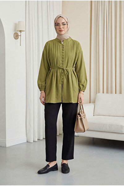 Modamorfo Πουκάμισο από ποπλίνα με ζώνη, ελαστικά μανίκια, κουμπιά μπροστά κα...