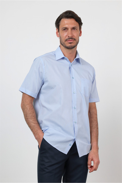 İmza Ανοιχτό μπλε βαμβακερό πουκάμισο με σκληρό γιακά, κοντό μανίκι, τσέπες κ...