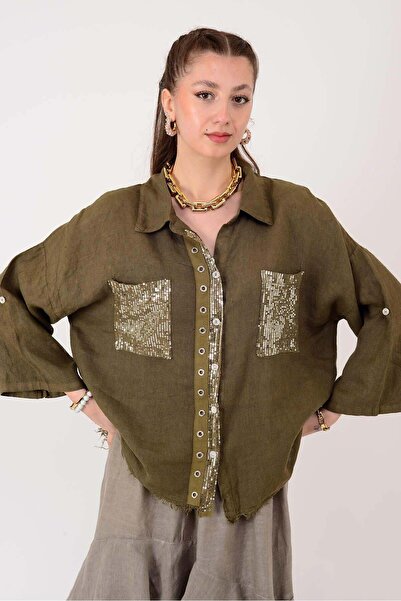 Park Moda E3086 Zımbalı Pullu Çift Cepli Saçaklı Keten Gömlek