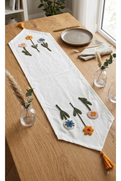 BUGİ HOME COLLECTİON Διακοσμητικό λινό κάλυμμα τραπεζιού με κεντημένα λουλούδ...