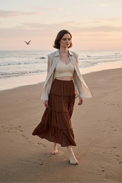 Rora Φούστα μάξι με λεπτομέρεια σε χρώμα κανέλας / Καλοκαιρινή φούστα με ψηλή...