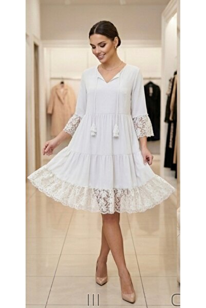 MONAMORE Γυναικείο φόρεμα από βισκόζη με δαντέλα και λεπτομέρειες