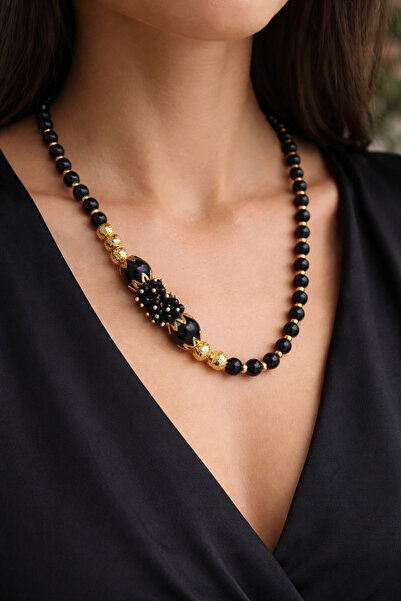 PremiumDesigners Gold Detaylı Siyah Kolye ve Küpe Takı seti