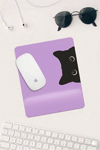 HobiShop Lila Kedi Çizimli Bilek Destekli Dikdörtgen Mouse Pad Mouse Altlığı.