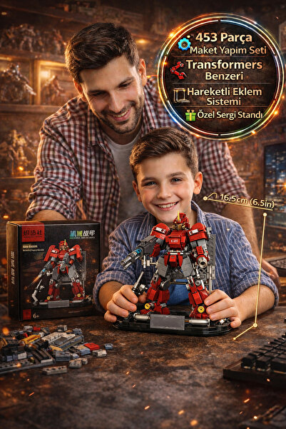 TOYFEST Transformers Benzeri Kırmızı Maket Robot Seti 453 Parça Hareketli Ekl...