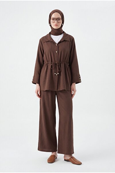 Caddebostan Moda Set pantaloni din bumbac creponat cu șireturi tip tunel și t...
