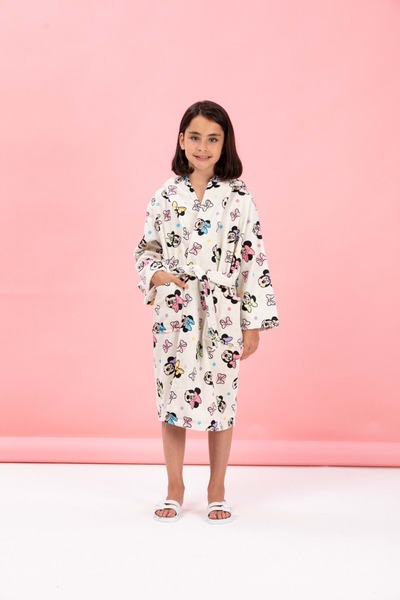 Özdilek Lisanslı Kapüşonlu Çocuk Bornozu 5/6 Yaş-Minnie Mouse Colors Krem