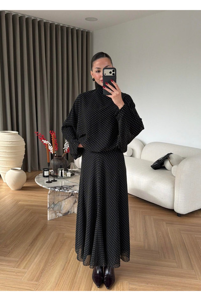 My Blog Μαύρο Σετ Φούστας και Μπλούζας από Σιφόν με Πουά - 4097-3215