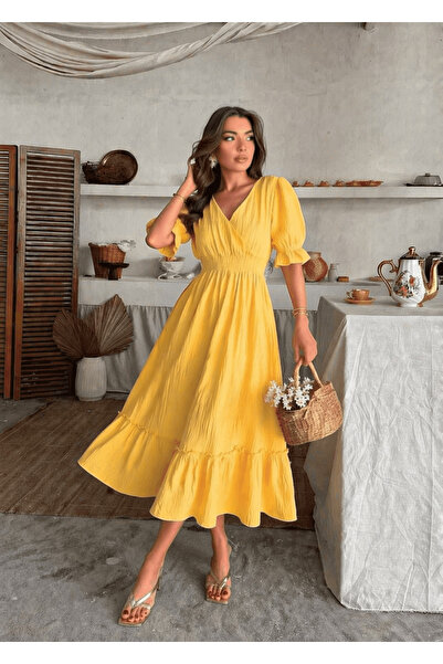 Markazzi Φόρεμα με λαιμόκοψη V, ελαστική μέση, ύφασμα μουσελίνας με κορδόνι π...