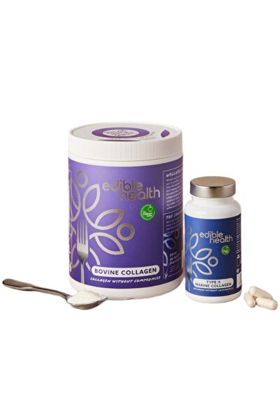 Edible Health Collagen Bundle Pack, Bovine Collagen Powder + Marine Type II C...