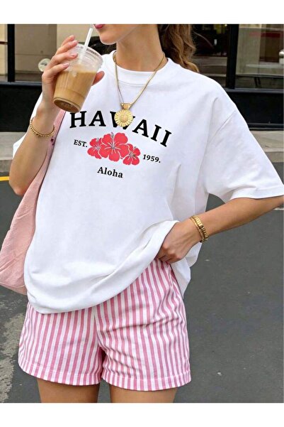 LOUİSA Γυναικείο Σετ Χαβάης Aloha με στάμπα λευκό μπλουζάκι-ριγέ ροζ-λευκό σορτς