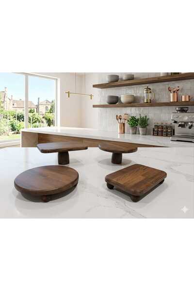 Demwood 4 lü Ceviz Rengi Vernikli Ahşap Sunumluk Stand Seti Pasta Standı Çeyi...