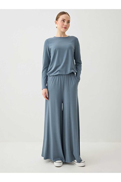 Benin Παντελόνι από ύφασμα βισκόζης με ελαστική μέση - Ανθρακί -