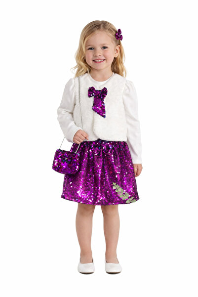 Arjen Girl's Sequined Skirt Plush Vest Set Set of Bag 4-Piece Set